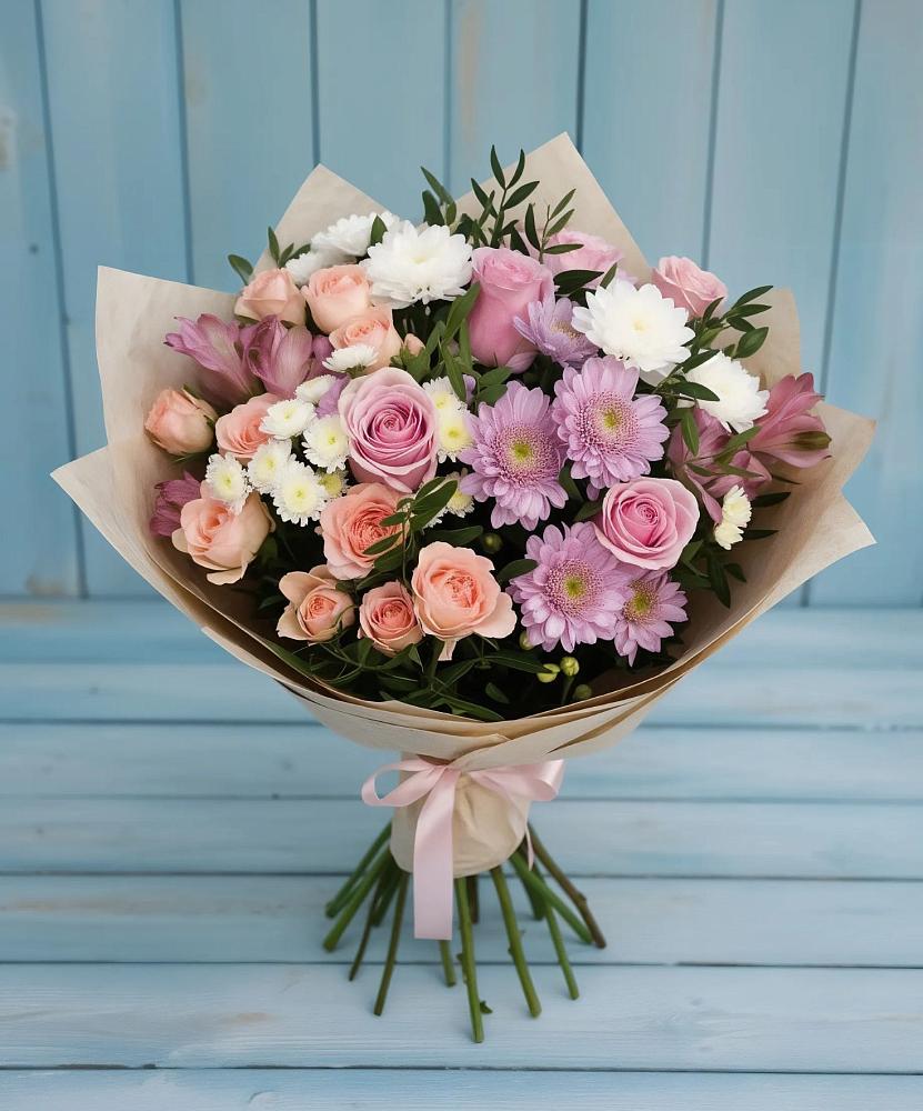 Букет цветов из: Хризантемы, Розы и Альстромерии в Новый Милет