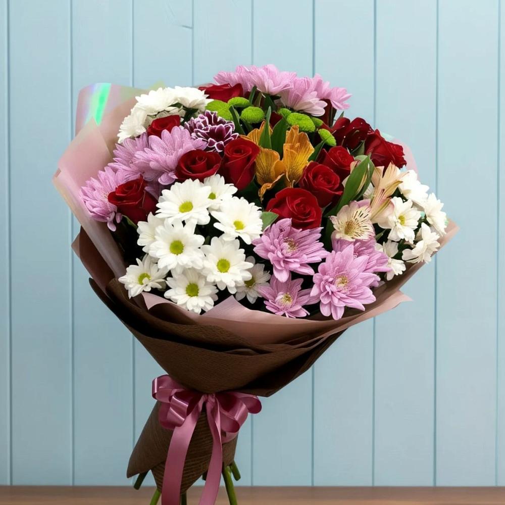 Букет цветов из: Розы, Хризантемы и Альстромерии в Новый Милет
