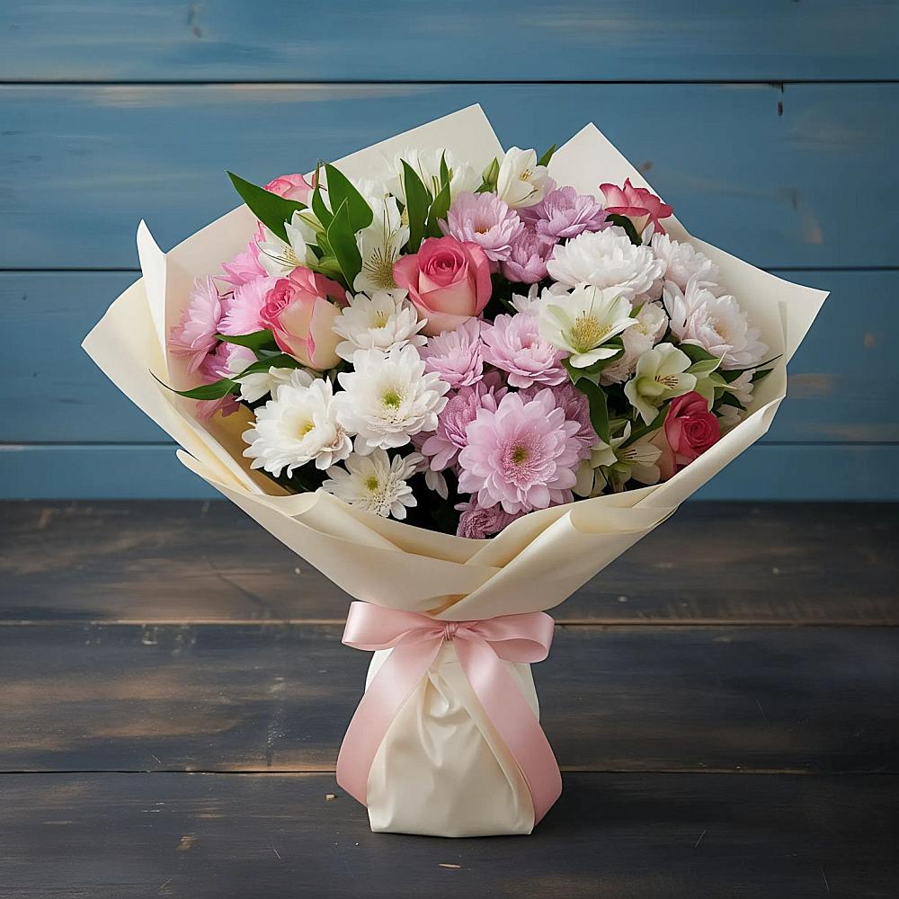 Букет цветов из: Хризантемы, Альстромерии и Розы в Новый Милет